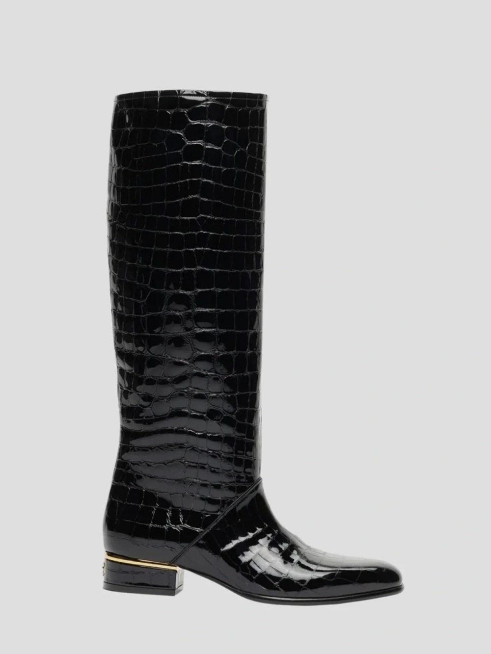 Chanel Black Croc-Embossed Patent Leather Knee Boots - Picture 2 of 3